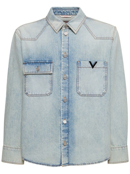 Valentino: Camisa de denim de algodón - Azul Marino - men_0 | Luisa Via Roma