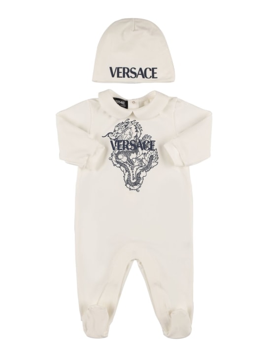 Versace: Strampler und Mütze aus Baumwolljersey mit Druck - Weiß/Blau - kids-boys_0 | Luisa Via Roma