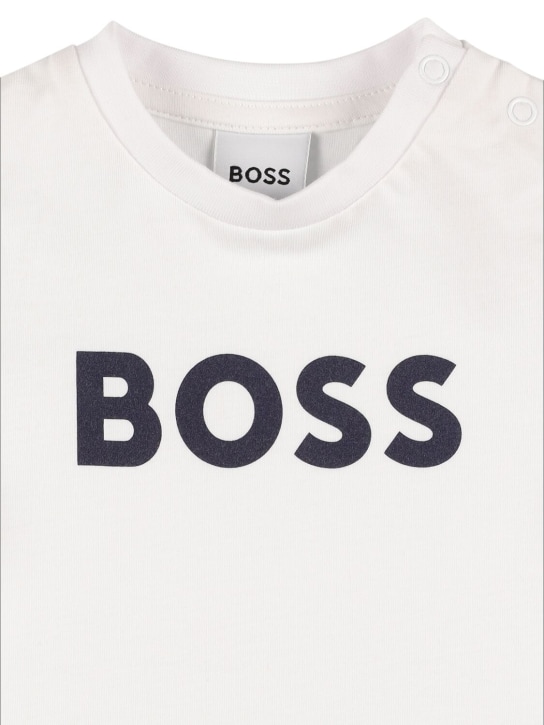 Boss: T-shirt en jersey de coton à imprimé logo - Blanc - kids-boys_1 | Luisa Via Roma