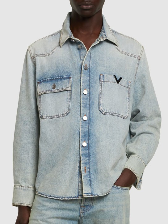 Valentino: Cotton denim long sleeve shirt - Navy - men_2 | Luisa Via Roma