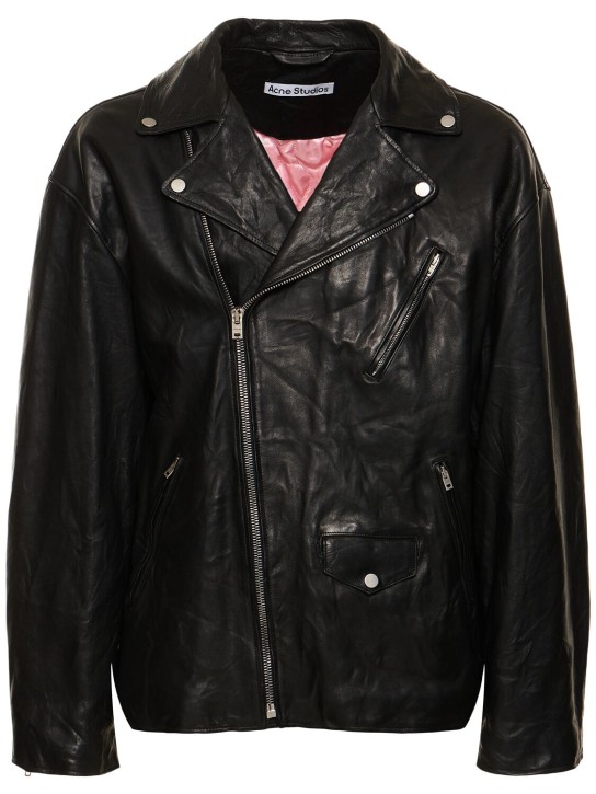 Acne Studios: Liker distressed leather jacket - Siyah - men_0 | Luisa Via Roma