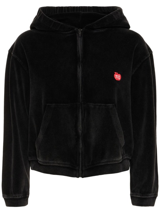 Alexander Wang: Cropped zip up cotton hoodie w/ logo - Siyah - women_0 | Luisa Via Roma