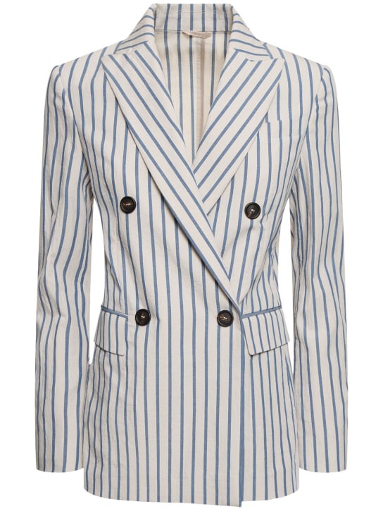 Brunello Cucinelli: Double breast striped cotton jacket - Mavi/Beyaz - women_0 | Luisa Via Roma