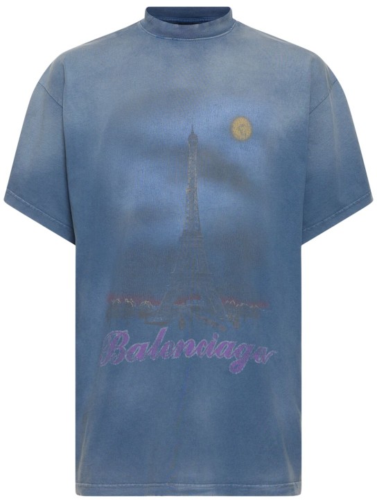 Balenciaga: T-shirt en coton vintage New Paris Moon - Bleu Délavé - men_0 | Luisa Via Roma