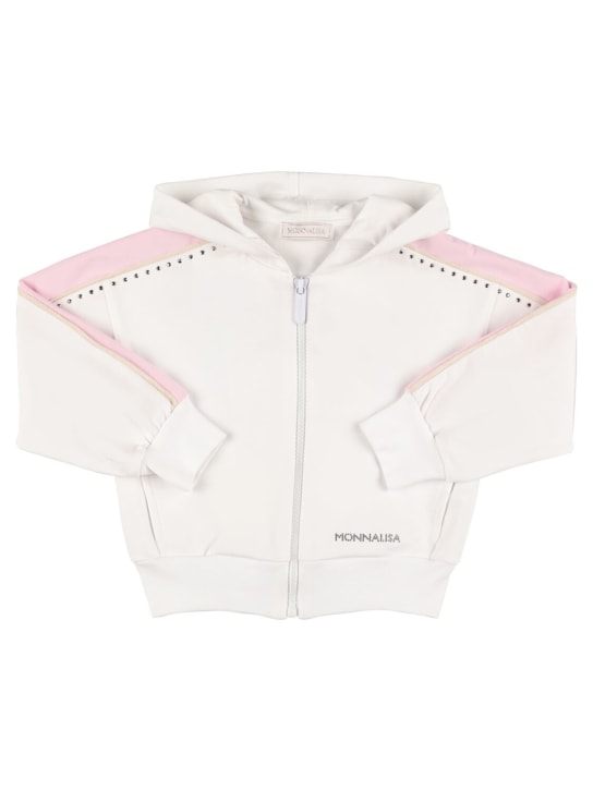 Monnalisa: Sweat-shirt zippé en coton à capuche - Blanc/Rose - kids-girls_0 | Luisa Via Roma