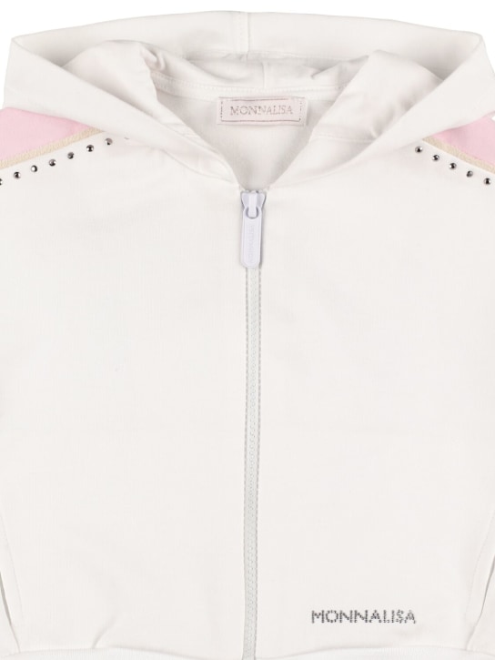 Monnalisa: Sweat-shirt zippé en coton à capuche - Blanc/Rose - kids-girls_1 | Luisa Via Roma