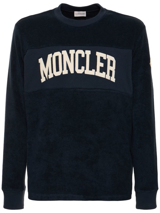 Moncler: Logo细节棉质圆领卫衣 - 蓝色 - men_0 | Luisa Via Roma