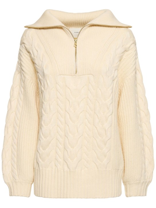 Varley: Daria half zip cable knit sweater - Beige/White - women_0 | Luisa Via Roma