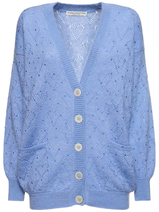 Alessandra Rich: Knitted mohair long cardigan w/ crystals - Light Blue - women_0 | Luisa Via Roma