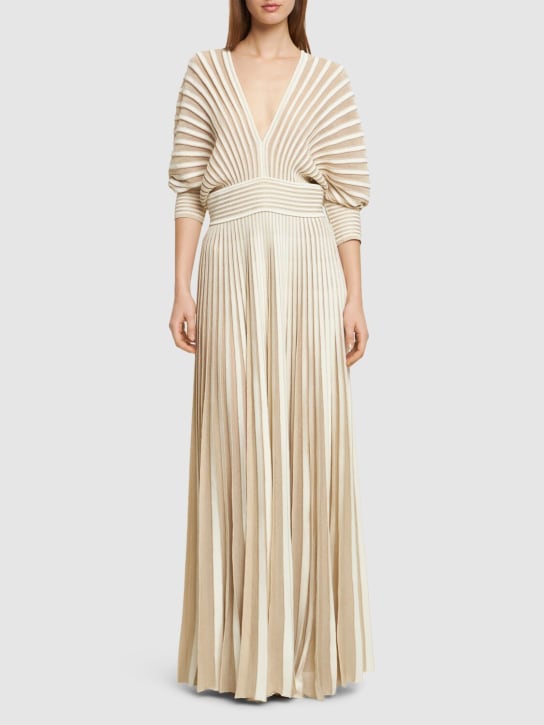 Elie Saab: Pleated knit long dress - Ivory/Gold - women_1 | Luisa Via Roma