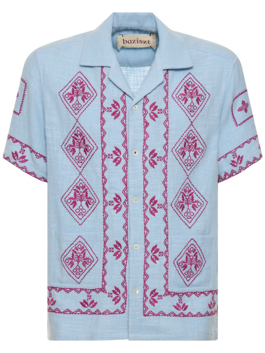 Baziszt: Camicia in cotone con ricami - Blu/Rosso - men_0 | Luisa Via Roma