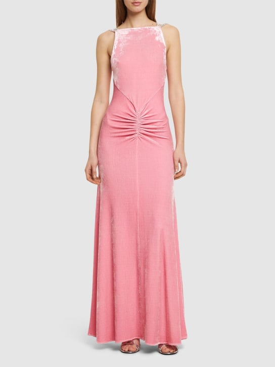 Rabanne: Embellished velvet draped long dress - Pink - women_1 | Luisa Via Roma