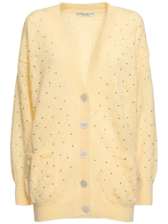 Alessandra Rich: Knitted mohair long cardigan w/ crystals - Light Yellow - women_0 | Luisa Via Roma