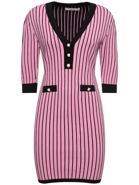 Alessandra Rich: Pinstriped knit v-neck mini dress - Pink/Black - women_0 | Luisa Via Roma