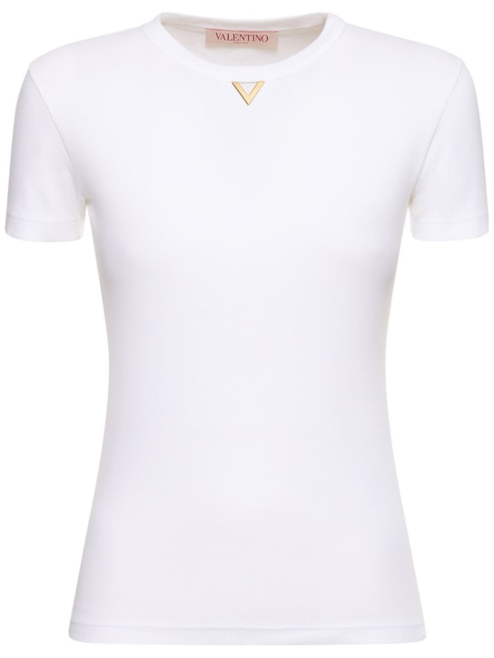 Valentino: T-shirt in jersey di cotone a costine - Bianco - women_0 | Luisa Via Roma