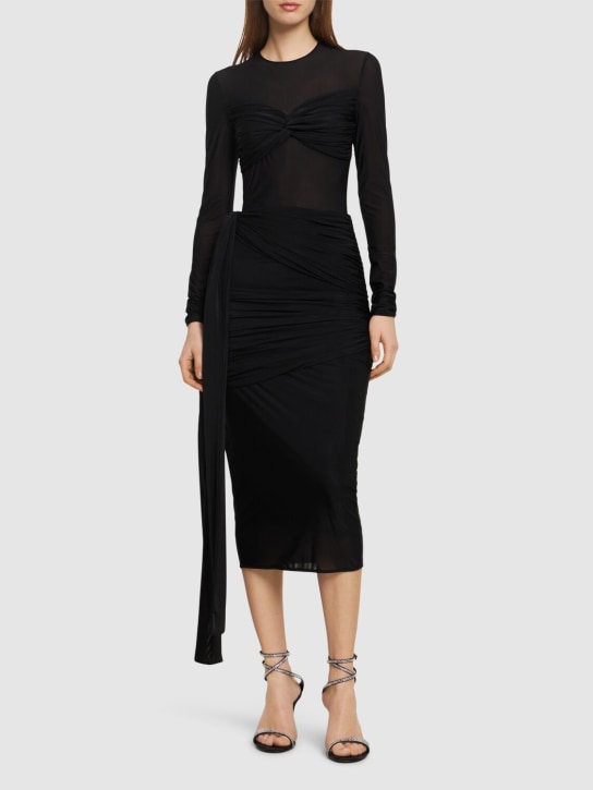 Blumarine: Draped stretch tech midi dress w/bow - Black - women_1 | Luisa Via Roma