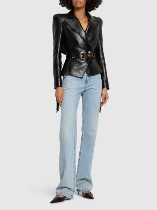 Balmain: Belted leather jacket w/ fringe - Black - women_1 | Luisa Via Roma