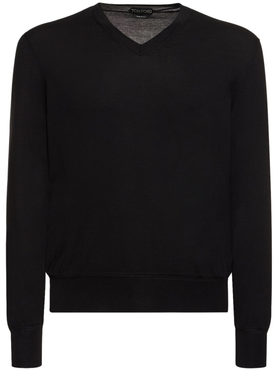 Tom Ford: Suéter de algodón con cuello en V - Negro - men_0 | Luisa Via Roma