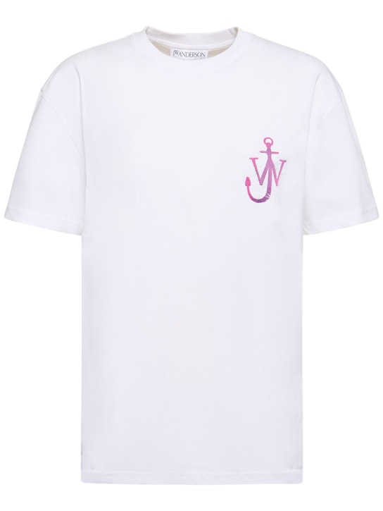 JW Anderson: Logo刺绣平纹针织T恤 - 白色 - women_0 | Luisa Via Roma