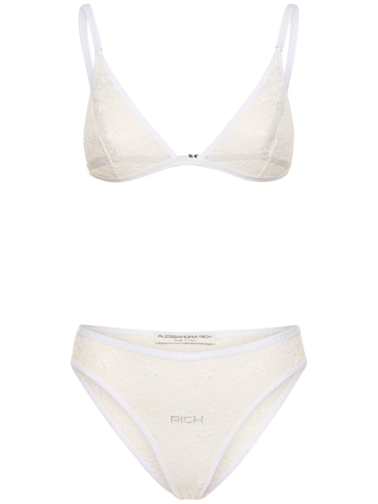 Alessandra Rich: Stretch lace underwear set w/ crystals - Beyaz - women_0 | Luisa Via Roma