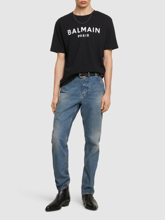 Balmain: T-shirt en coton imprimé - Noir/Blanc - men_1 | Luisa Via Roma