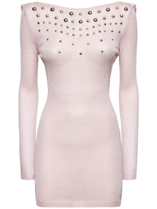 Alessandra Rich: Open back lurex knit mini dress w/hotfix - Açık Pembe - women_0 | Luisa Via Roma