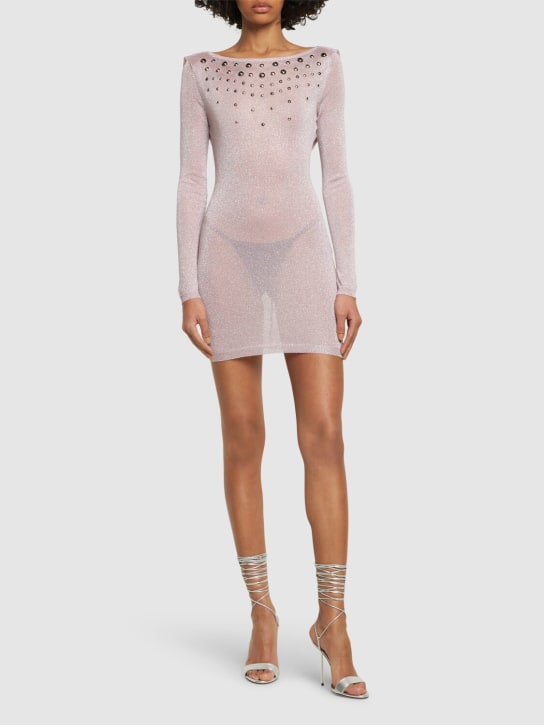Alessandra Rich: Open back lurex knit mini dress w/hotfix - Light Pink - women_1 | Luisa Via Roma