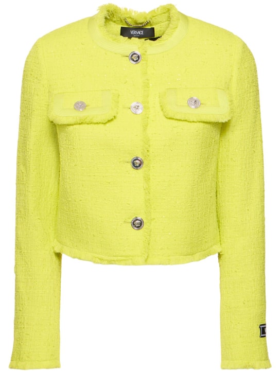 Versace: Cotton blend tweed crop jacket - Sarı - women_0 | Luisa Via Roma