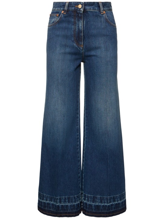 Valentino: Jeans cropped vita alta in denim - Blu Scuro - women_0 | Luisa Via Roma