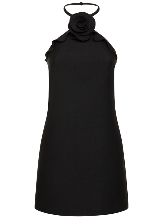 Valentino: 羊毛&真丝绉纱玫瑰绕颈领迷你连衣裙 - 黑色 - women_0 | Luisa Via Roma