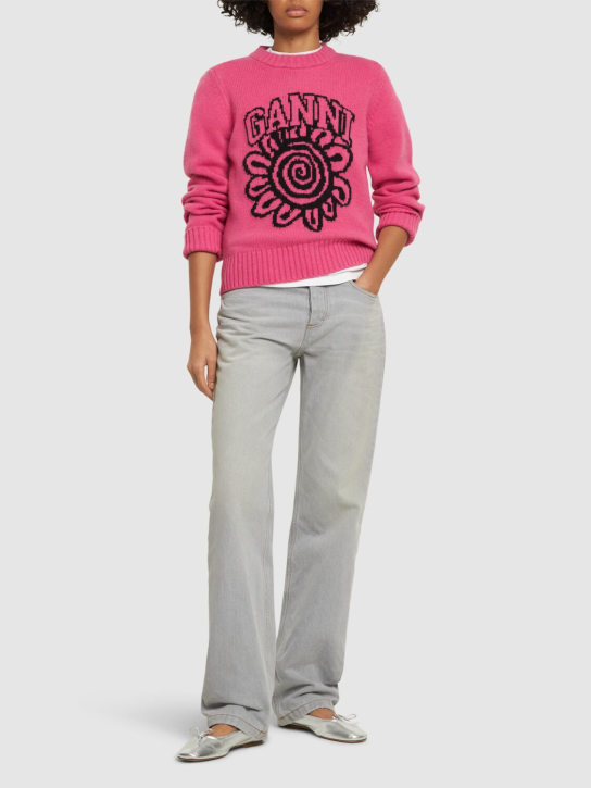 GANNI: Flower logo intarsia wool blend sweater - women_1 | Luisa Via Roma