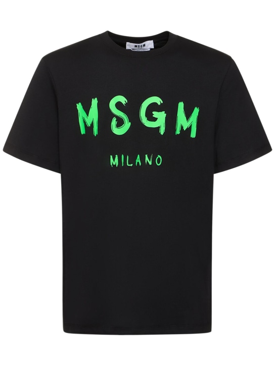 MSGM: T-shirt en jersey de coton à imprimé logo - Noir/Vert - men_0 | Luisa Via Roma