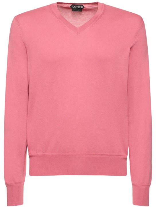 Tom Ford: Suéter de algodón con cuello en V - Flamingo - men_0 | Luisa Via Roma