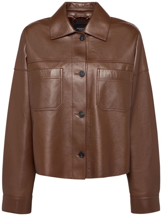 Weekend Max Mara: Buono leather shirt jacket w/ pockets - Brown - women_0 | Luisa Via Roma