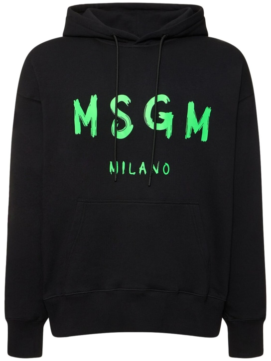 MSGM: Sweat en tissu éponge imprimé logo à capuche - Noir/Vert - men_0 | Luisa Via Roma