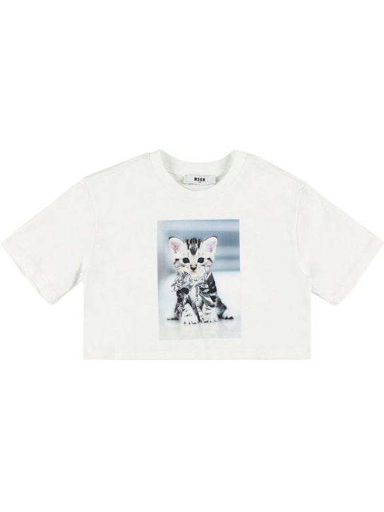 MSGM: Printed cotton jersey cropped t-shirt - Beyaz - kids-girls_0 | Luisa Via Roma