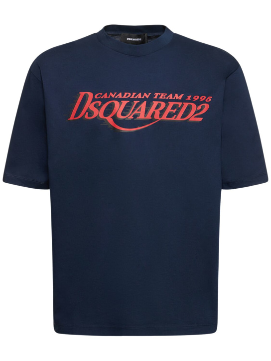 Dsquared2: T-shirt en coton imprimé logo - Bleu Marine - men_0 | Luisa Via Roma