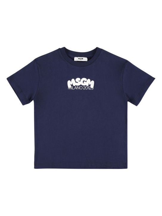 MSGM: 프린트 로고 코튼 저지 티셔츠 - 블루 - kids-boys_1 | Luisa Via Roma