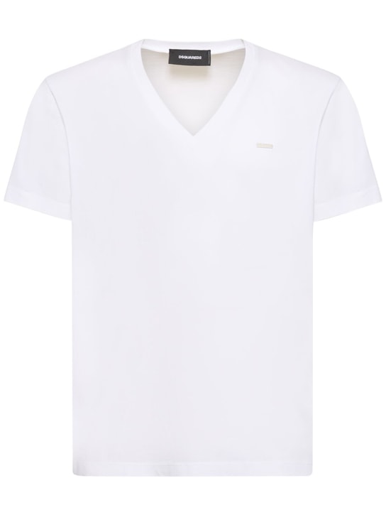 Dsquared2: T-shirt col en V en jersey de coton à logo - Blanc - men_0 | Luisa Via Roma