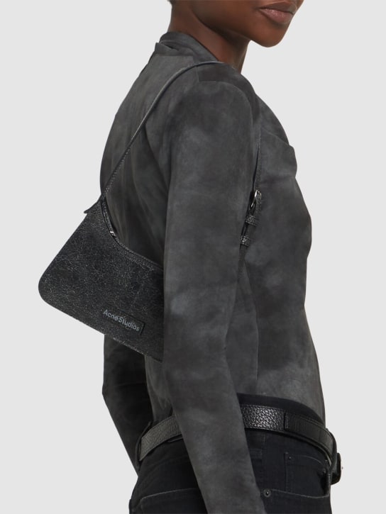 Acne Studios: Micro Platt crackle leather shoulder bag - Siyah - women_1 | Luisa Via Roma
