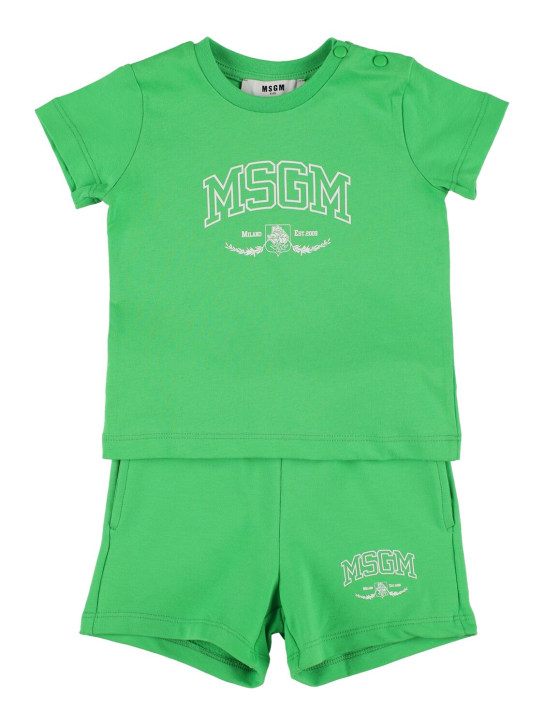 MSGM: 棉质平纹针织T恤&短裤 - 绿色 - kids-boys_0 | Luisa Via Roma