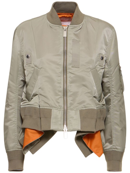 Sacai: Pleated nylon twill zip jacket - Khaki/Orange - women_0 | Luisa Via Roma