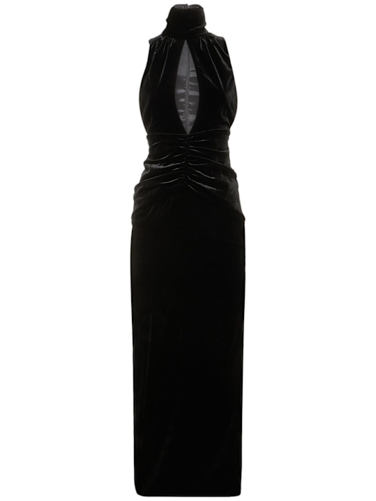 Velvet high neck draped long dress - Thumbnail 1