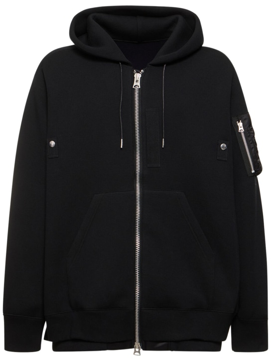 Sacai: Cotton sweat & nylon twill hoodie - Siyah - men_0 | Luisa Via Roma
