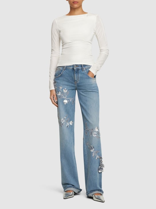 Blumarine: Denim straight jeans w/flowers - Blue - women_1 | Luisa Via Roma