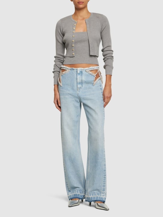 Stella McCartney: Embellished cotton denim straight jeans - Açık Mavi - women_1 | Luisa Via Roma