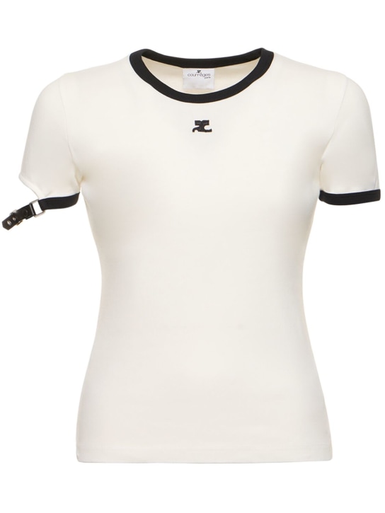 Courreges: Buckle contrast cotton t-shirt - Beyaz - women_0 | Luisa Via Roma