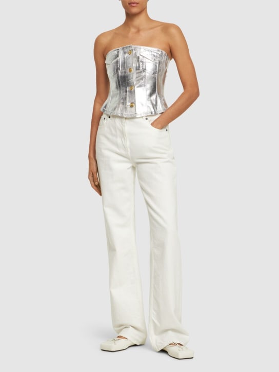 GANNI: Foil coated denim corset top - Bright White - women_1 | Luisa Via Roma