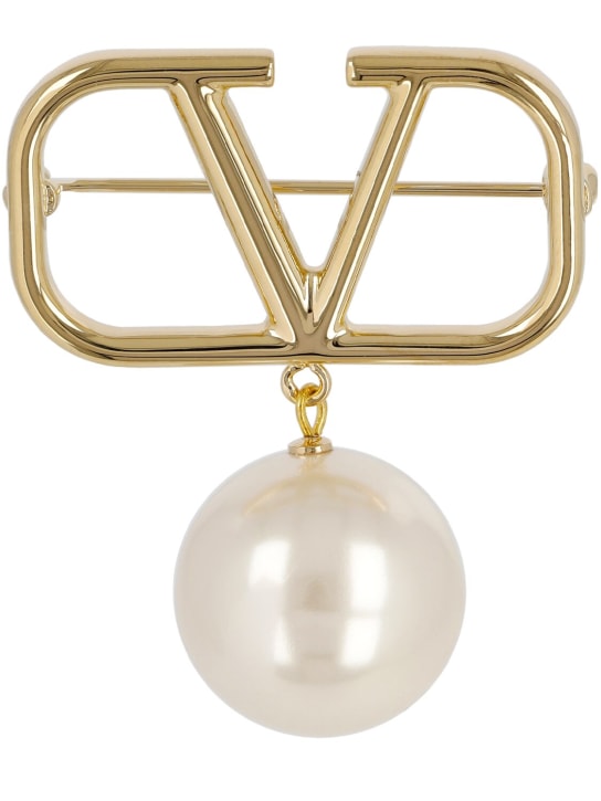 Valentino Garavani: Broche en fausses perles V Logo - Gold/Cream - women_0 | Luisa Via Roma