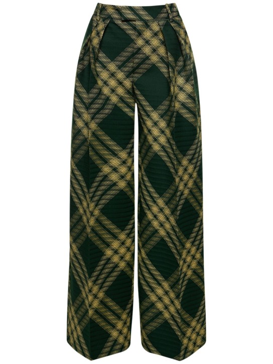Burberry: Pantalon ample en maille à carreaux - Vert/Jaune - women_0 | Luisa Via Roma